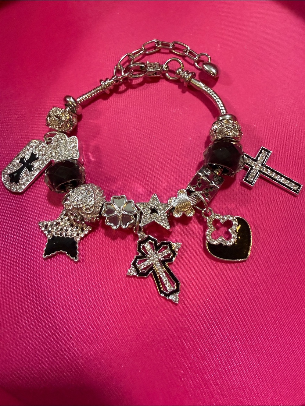 Silver and Black Charm Bracelet with Cross and Heart Charms